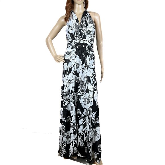 WHBM Halter Tie Floral Satin Flowy Chiffon Maxi Cocktail Gown Size 6 - NWOT - Picture 1 of 10
